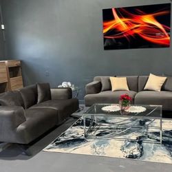 2 PIECE SET SOFA LOVESEAT GRAY VELVET