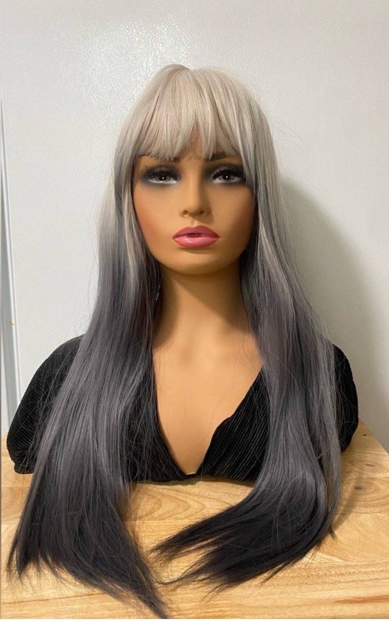Ombre Silver to Gray  hair with Bang Long Wig