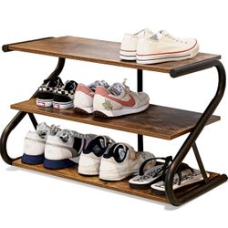 3-Tier Shoe Rack, Z-Frame Wooden Shoe Shelf with Durable Metal Shelves for Hallway, Living Room, Closet, Bedroom (Rustic) 100+ bought in past month
