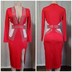 Red Midi Dress New Size M,L AVAILABLE with Split And Sequins Details Strech Material. 