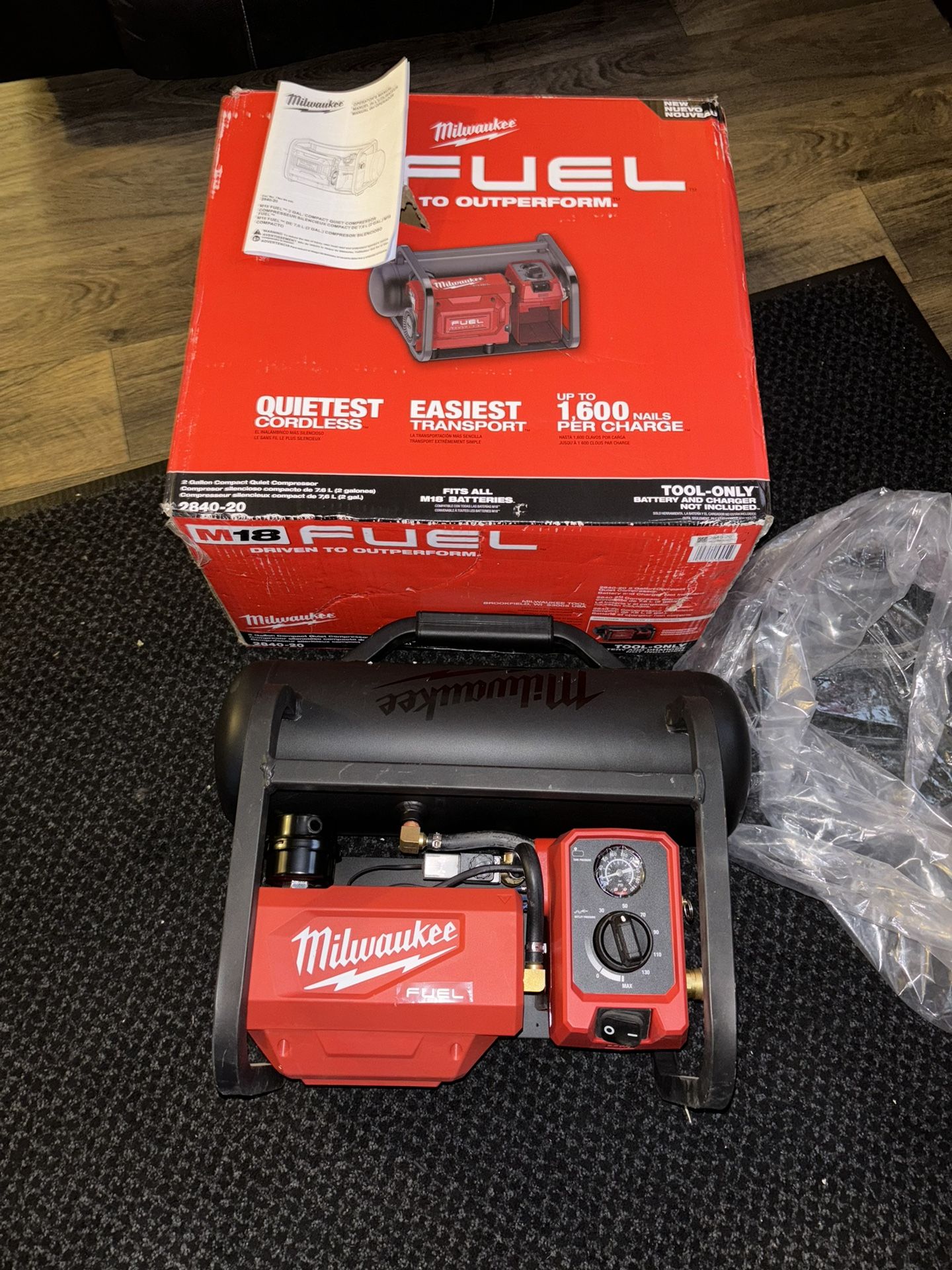 Milwaukee M18 Fuel 2 Gallon Quiet Compressor Tool Only  New 