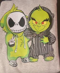 Jack Skeleton And Grinch Gray Crewneck Sweater. Large. New.