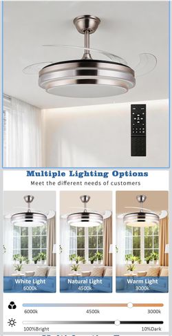 Retractable Ceiling Fan with Lights, 42 Inch Modern Fandelier with Remote, Invisible Retractable Blades, 6 Speed Dimmable LED, Brushed Nickel, Bladele