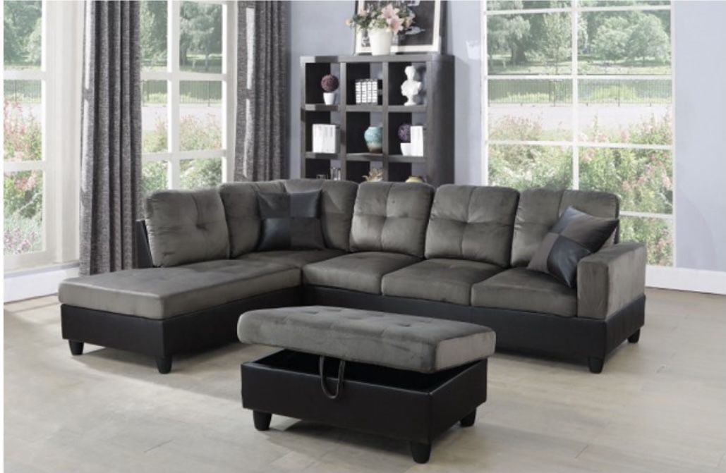 New Gray Sectional Sofa Microfiber Couch With Free Storage Ottoman And Pillows