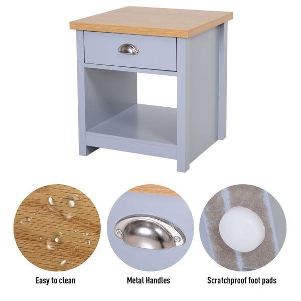 Wood Grain Small Space Nightstand Sofa Table Drawer Bottom Shelf Home - Grey