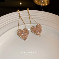 New Pink Crystal Heart Drop Earrings