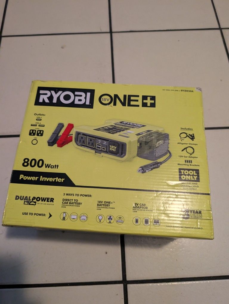 Ryobi ONE Plus 18-Volt 800-Watt Maximum 12-Volt Automotive Power Inverter with Dual USB Ports with 4.0 Ah Battery and Charger 