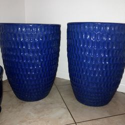 2 X-Large 25” tall Blue Ceramic Outdoor Pot, Luxury Terracotta Pottery
