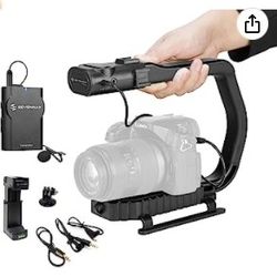 Movo MicRig-W1 Wireless Microphone Filmmaker Kit - Video Handle Stabilizer with Built-in Wireless Lavalier Microphone Compatible with Canon EOS, Nikon