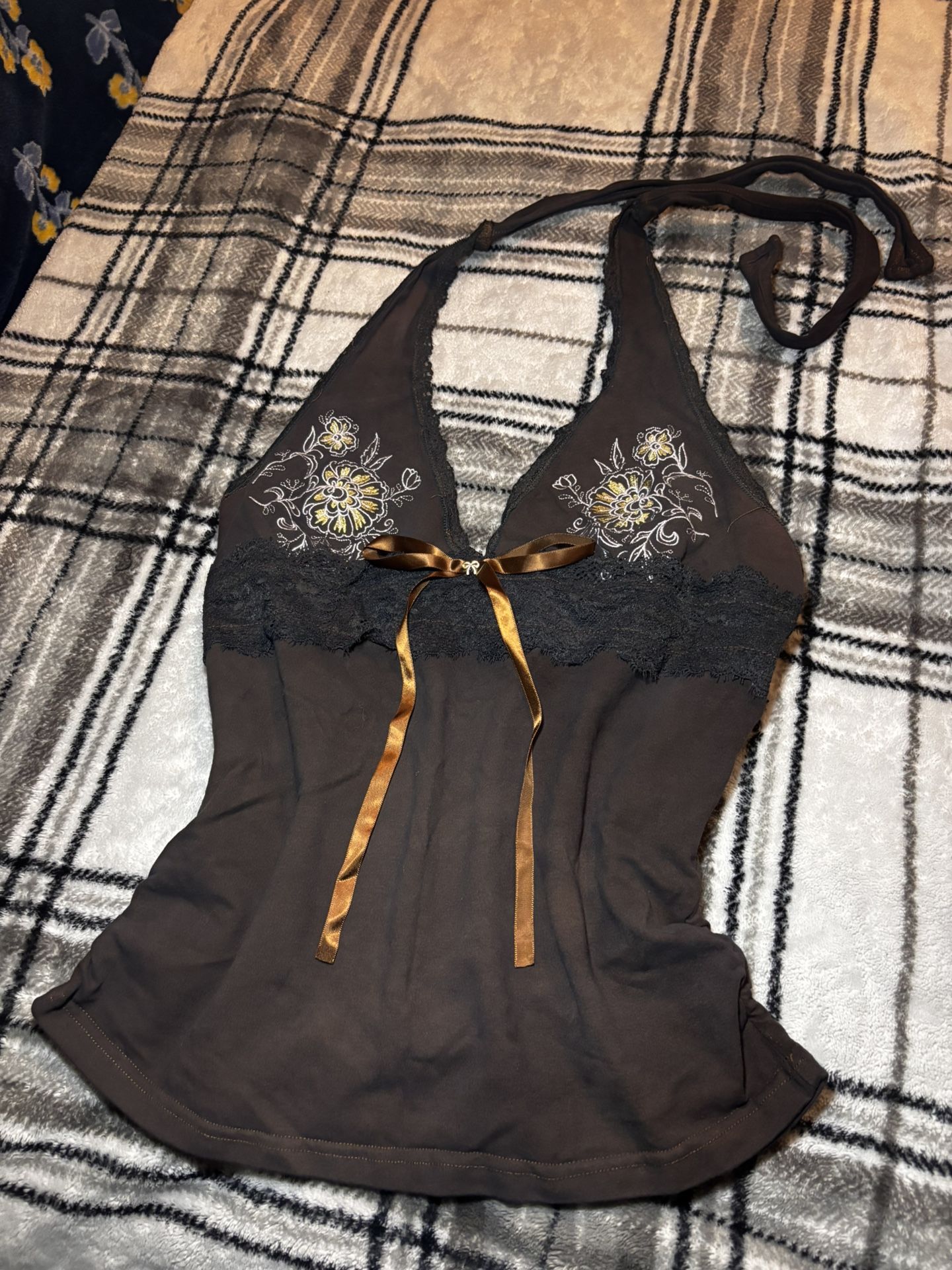 Brown gray halter top with lace embroidered
