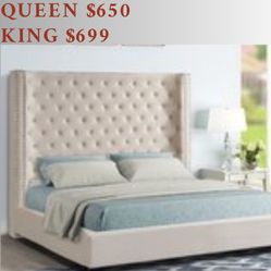 Beige Fabric Beds - Queen And King Size - Mattress Sold Separately 