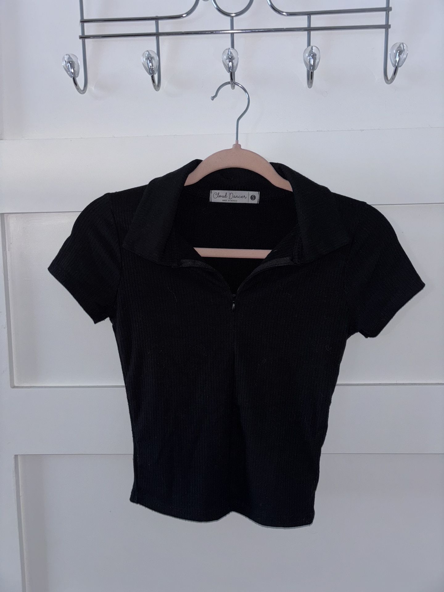 Black Crop Polo Zipper Shirt