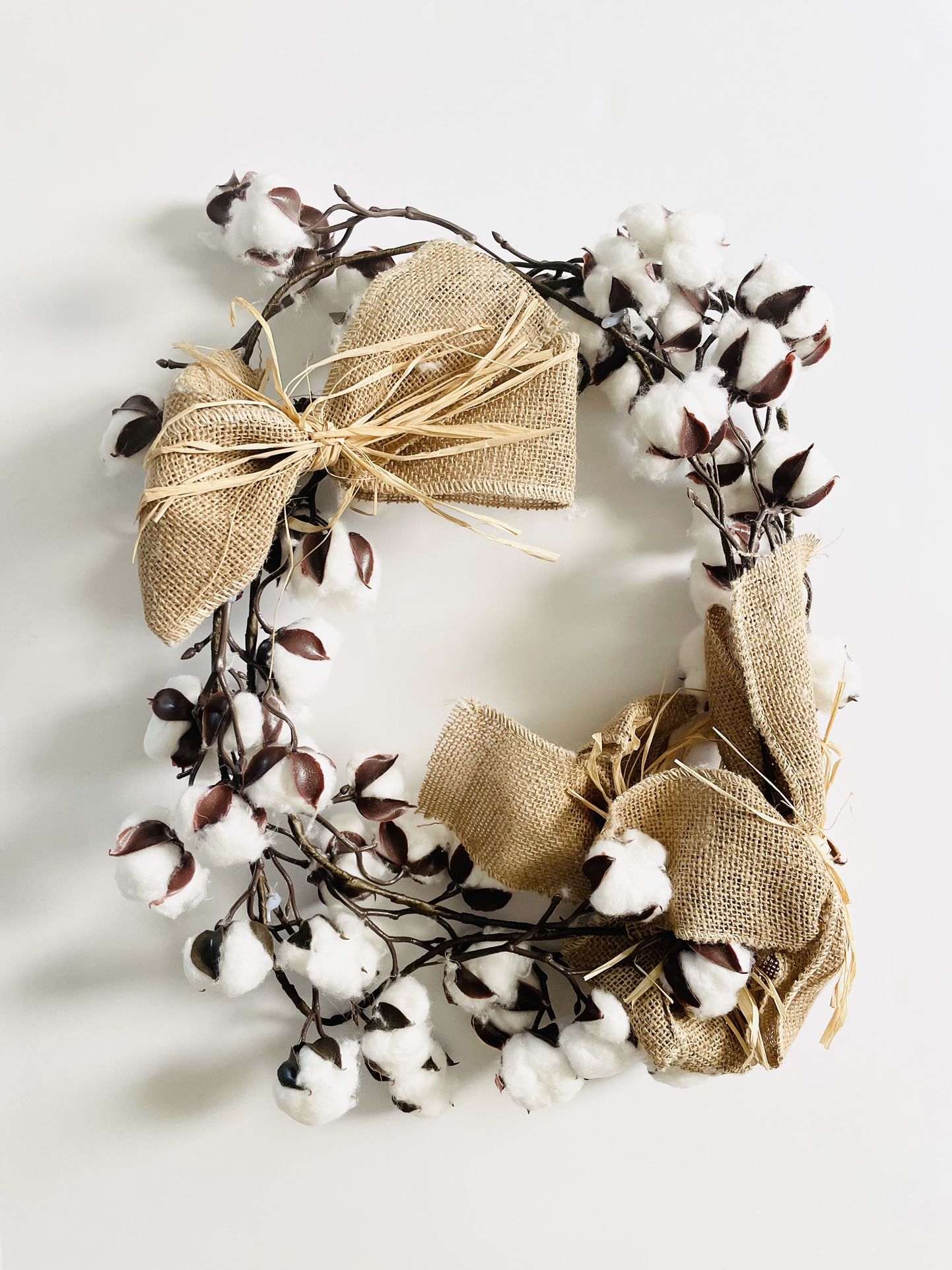 Garland Artificial Cotton Ball Pods And Stems With Burlap Bows 86” Long NEW! NIB