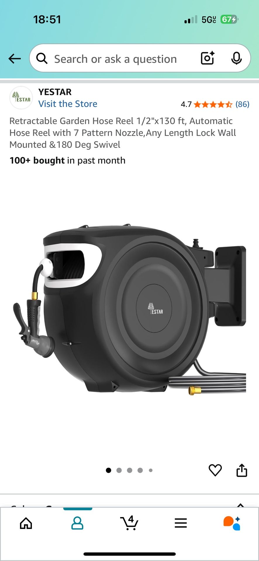 Retractable Garden Hose Reel 1/2"x 130 ft, Automatic Hose Reel with 7 Pattern Nozzle, Any Length Lock Wall Mounted & 180 Deg Swivel