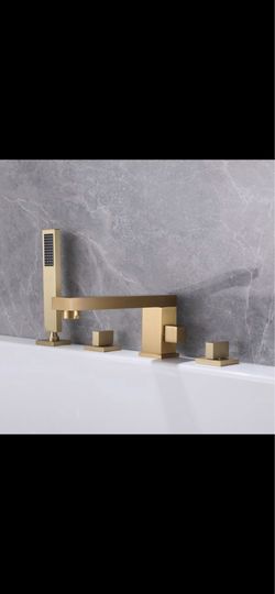 Deck Mounted Bathtub Filler Faucet with Handshower Brushed Gold Swirling Spout  Sh12