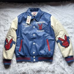 Rare PlayBoy x True Religion Varsity Bomber Jacket Blue Mens Size Medium 