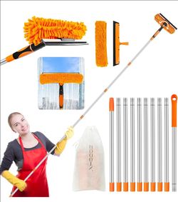 Window Cleaning Tools Window Squeegee: 2 in 1 Double-Sided Professional Cleaner Window Washing Kit with Extension Pole 20+ Ft Duster for High Ceilings