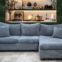 (Free Delivery 🚚 ) Cool Blue Velvet Suede 2-Piece Sectional Couch w/ Chaise