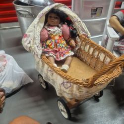 Antique Doll With Stroller 