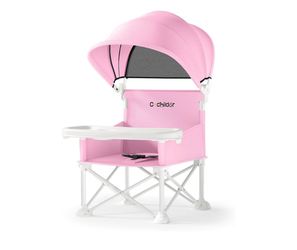 Cochildor 4-in-1 Portable Baby Chair, Foldable Toddler Booster Seat, Pink Removable Tray & Sun Canopy, Adjustable 3-Point Safety Harness, Compact Carr