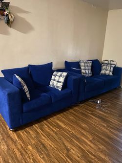 Couch Blue Fabric Sectional Sofa with Pillows
