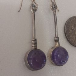 Vintage Sterling Silver 925 Purple Amethyst Bezel Set Open Back Dangle Drop Pierced Earrings Modernist