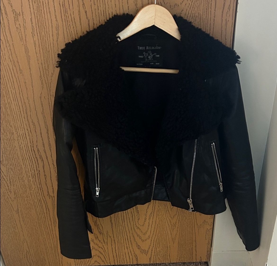 True Religion Black Leather Jacket with Shearling Collar
