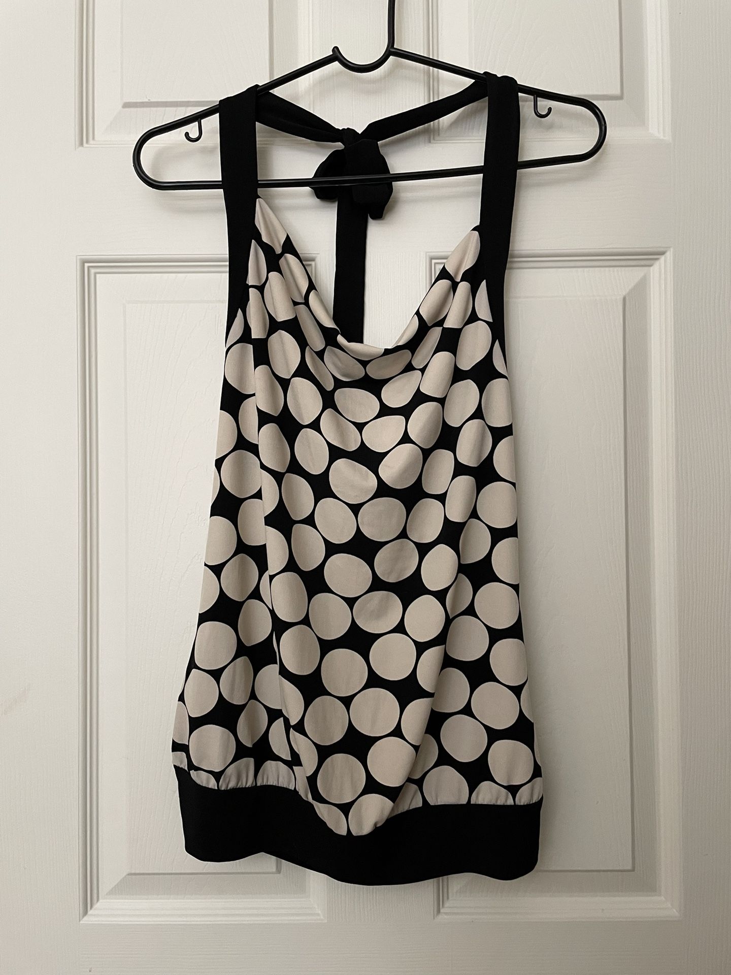 Cowl Neck Women’s Halter Top Black with Ivory Polka Dots Tie Neck Size Large