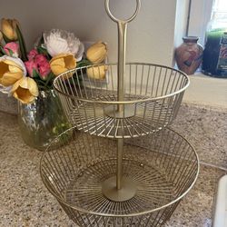 Gold 2-Tier Metal Fruit Basket Stand / Tiered Serving Tray - Like New!
