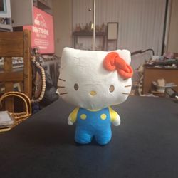 Classic Hello Kitty Plush Toy Featuring Her Iconic Blue Overalls, Yellow Shirt & Signature Red Bow 8" Tall In Good Condition
