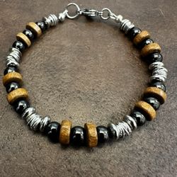 Black Hematite and Silver Beaded Bracelet with Brown Accents