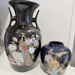 Vintage Black Ceramic Vase With Floral & Peacock Motif Gold Accents Decorative Double Handles
