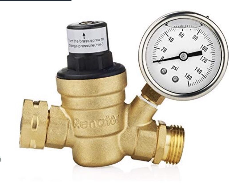 Renator M11-0660R Water Pressure Regulator Valve. Brass Lead-Free Adjustable Water Pressure Reducer with Gauge for RV Camper, and Inlet Screened Filt