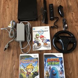 Nintendo Black Wii System with Controller, Nunchuck, Mario Kart Game with Steering Wheel 