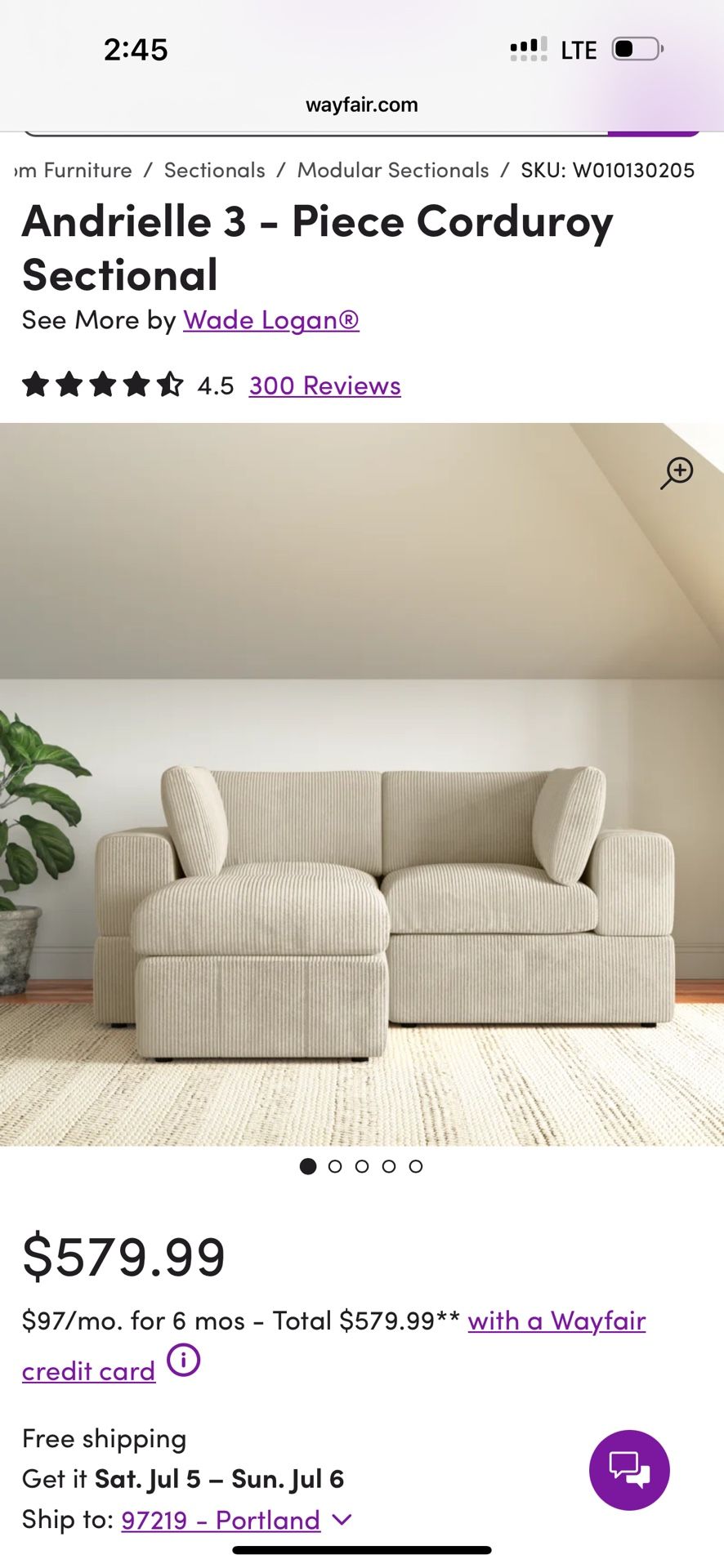 Wayfair Couch - Andrielle 3 - Piece Corduroy Sectional