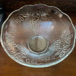 Large Clear Glass Bowl with Grape Vine Pattern