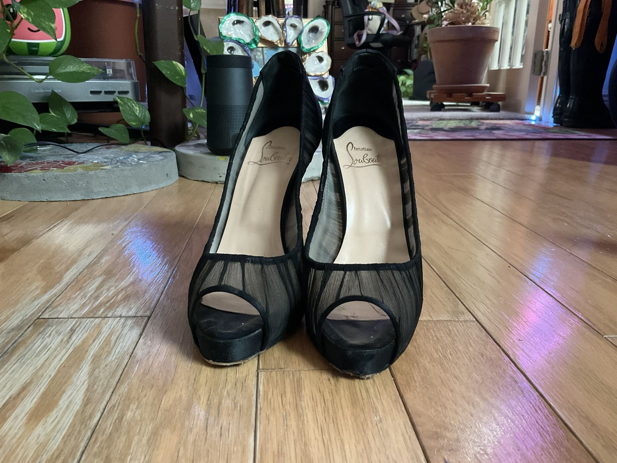 Black Satin Christian Louboutin Peep-toe Pumps (size EU 39)