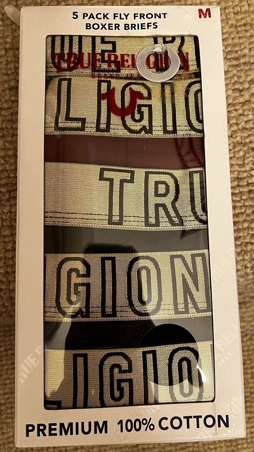 True Religion Mens M L 5 Pack Fly Cotton Boxer Briefs Assorted Black Gold Red