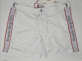 Alexander McQueen M 28 30 32 33 White Red Side Stripe Swim Shorts Trunks Board Mesh IT