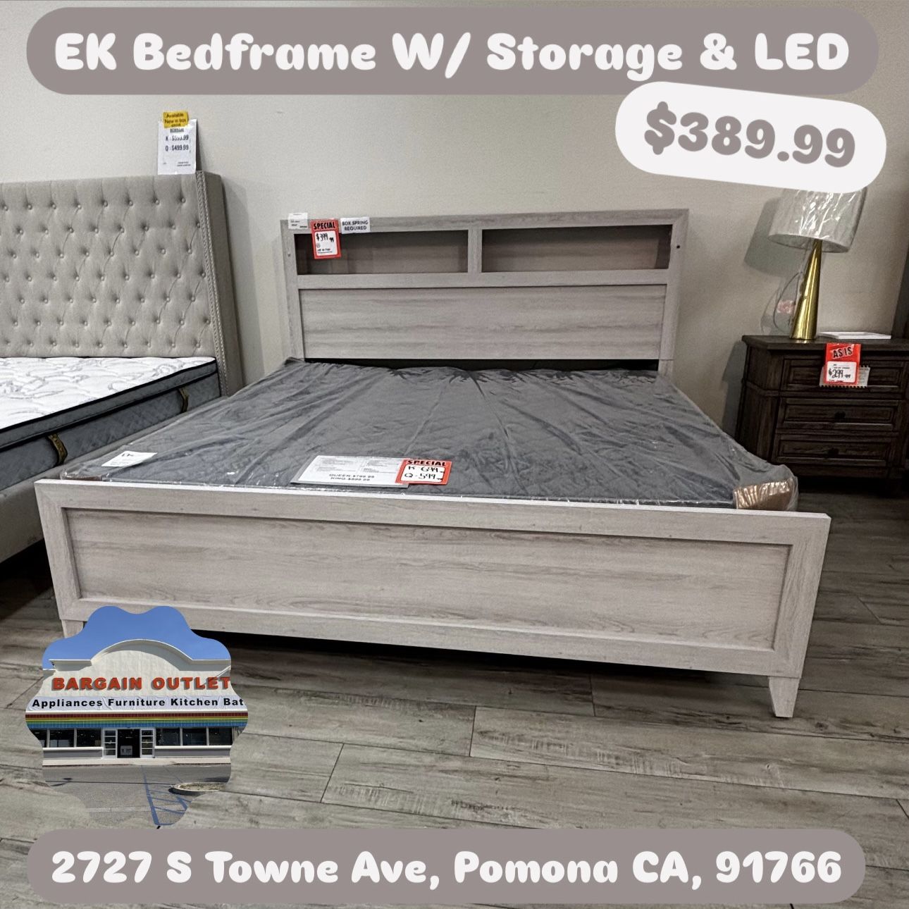 EK Bedframe w/ LED Lights & Storage Shelves – Open Box $390