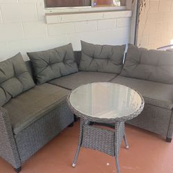 4 Piece Outdoor Wicker Patio Furniture Sofa 🛋️ Set With Table And Gray Cushions for Garden Poolside Balcony