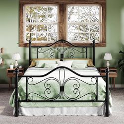 Full Size Bed Frame with Headboard,Metal Bed Frame with Butterfly Pattern Design Headboard & Footboard,No Box Spring Needed,Easy Assembly,Black