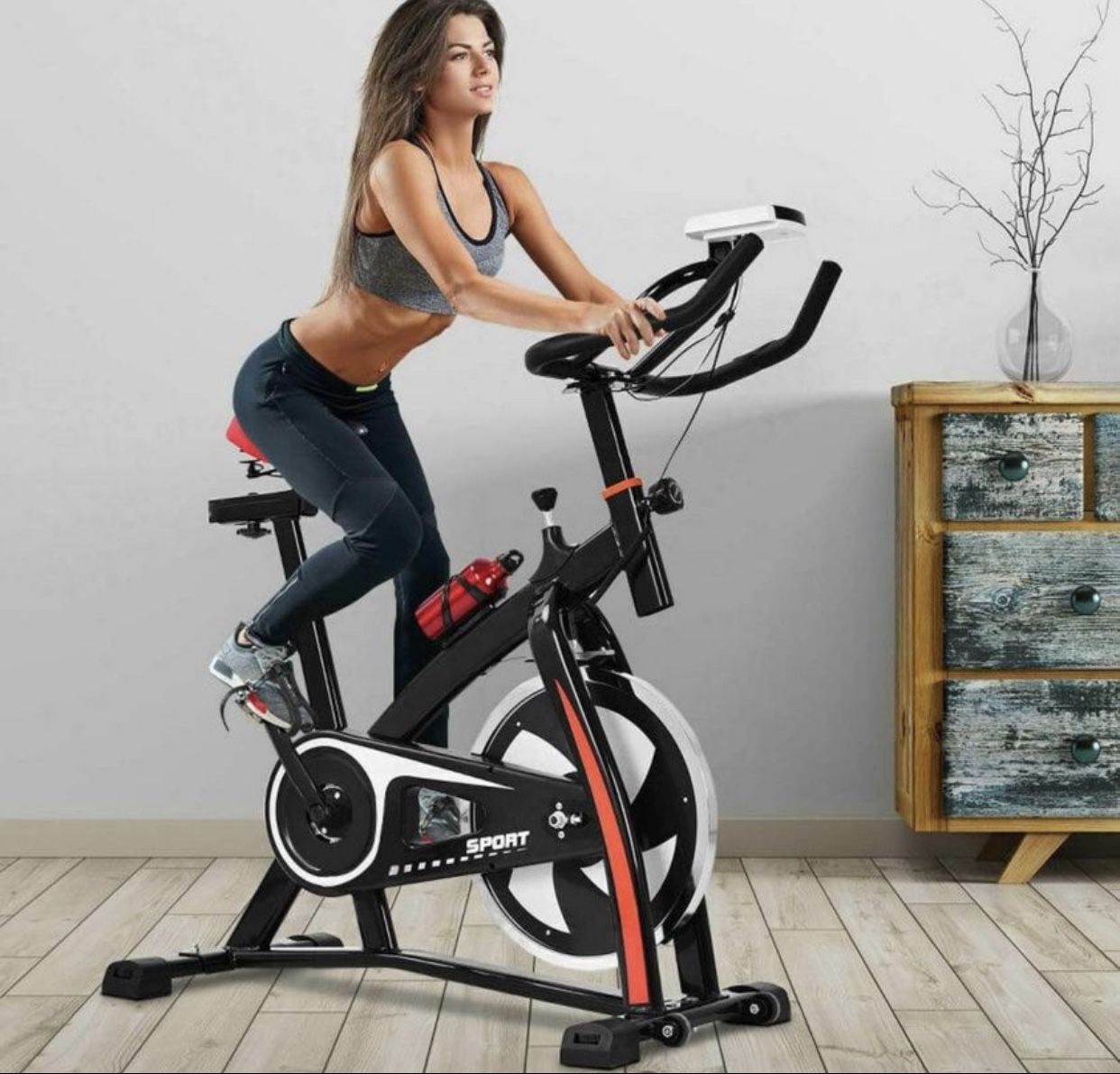 XtremepowerUS Fitness Bicycle Cycling Exercise Bike With Heart Pulse and Adjustable Handlebars and Seat, Red/Black