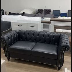 Leather Sofa, Chesterfeld Tufted Upholstered 2 Seater Couch, Modern Loveseat Couch Classic Furniture for Living Room Bedroom (Black)
