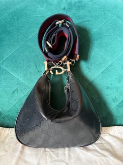 Gucci GG Monogram Crescent Shoulder Bag Glossy Black Red Green Stripe Silver
