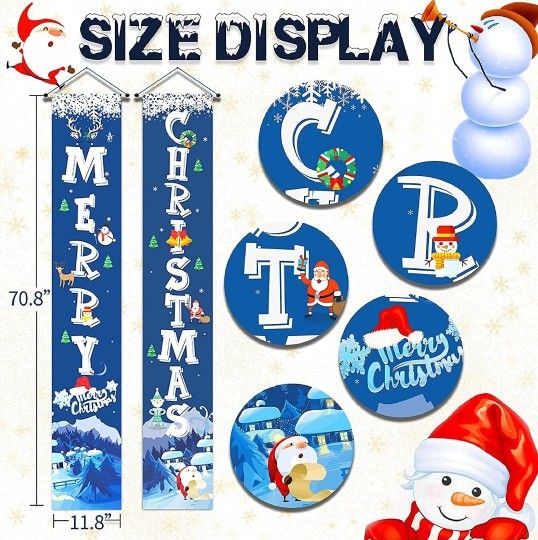 Merry Christmas Decorations for Home Xmas Front Door Decorations,Blue Merry Christmas Door Banner for Outdoor,Christmas Porch Sign Hanging Decorations
