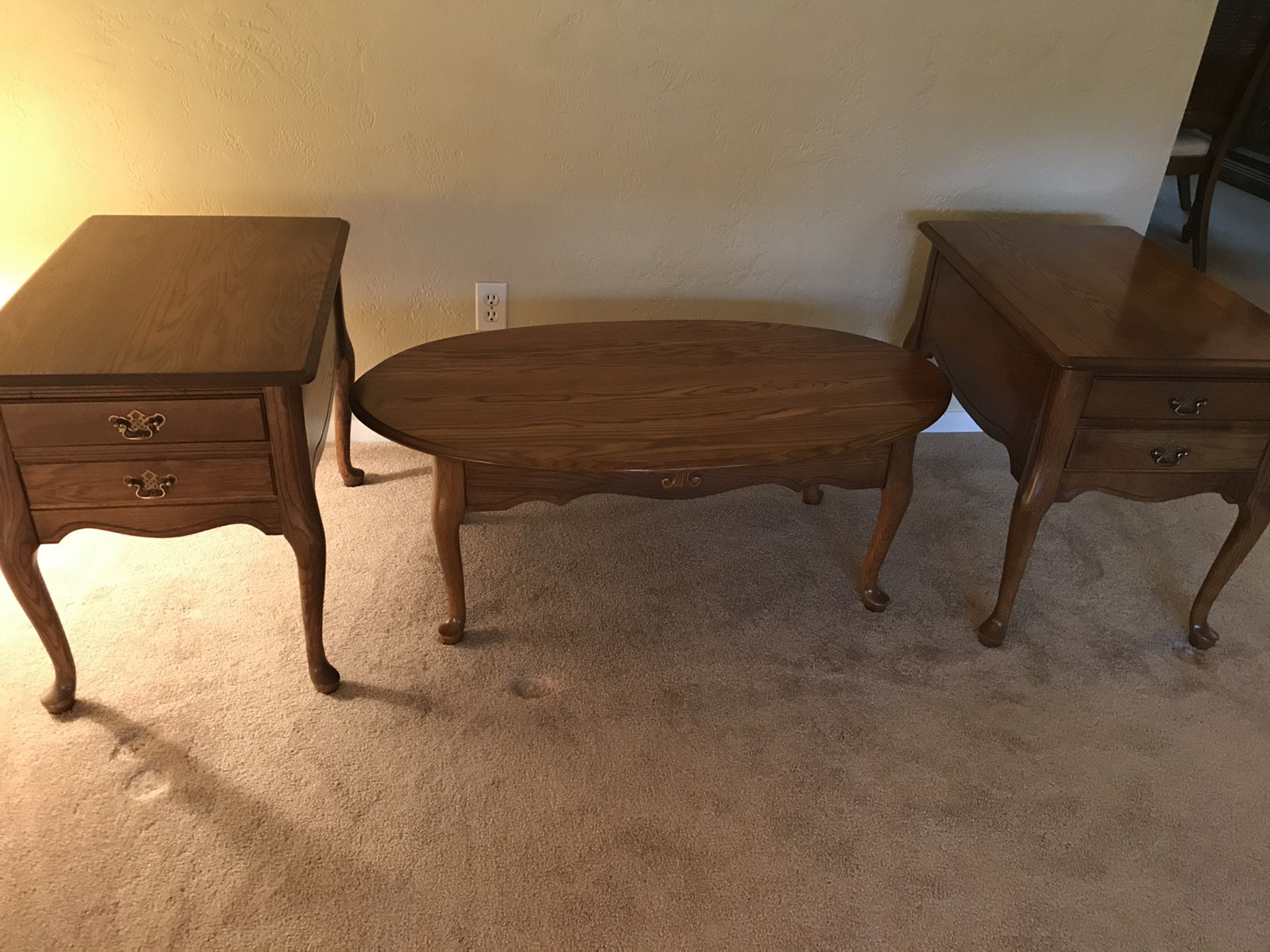 Solid oak pair of end tables and coffee table