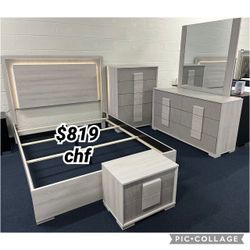 Two Tone Design 4 Piece Queen Size Bedroom Set ( Included Bed Frame ,Dresser , Mirror , Nightstand )