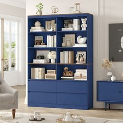 71″ Tall Bookcase with 4 Drawers, 8 Cubes 6-Tier Double Row Bookshelf, Bookcase for Home Office Living Room, Blue