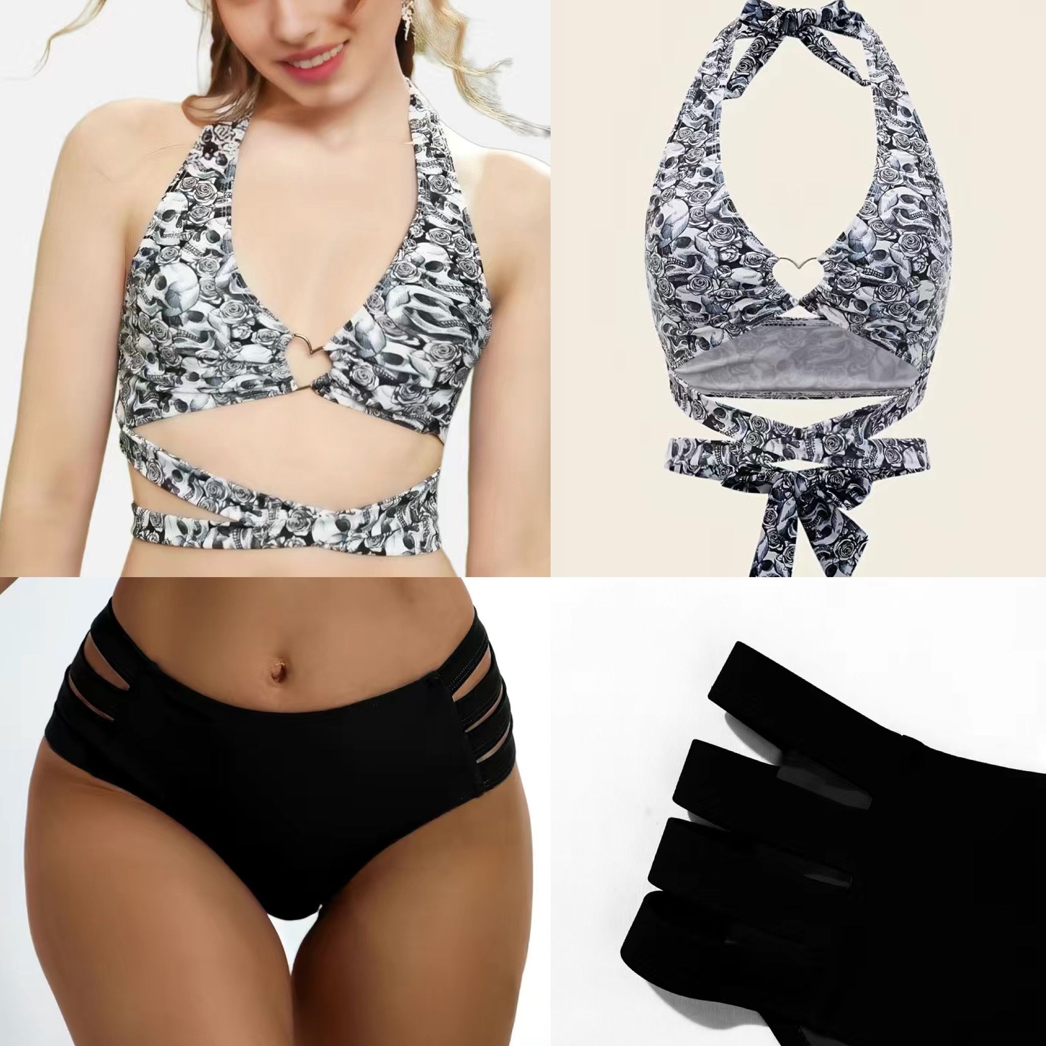 NWT Skull Print Bikini Top, Halter Neck w Heart-Link and black cut side bottoms